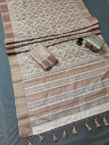 Beige Blossom Blend Chapa Handloom Tussar Saree CA1